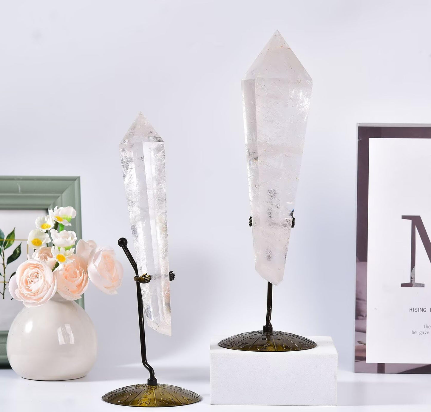 White Crystal Wand Point Long Healing Crystal Scepter Decorative Stone Reiki Meditation with Display Stand Home Office Decor 0.6-0.8LBS
