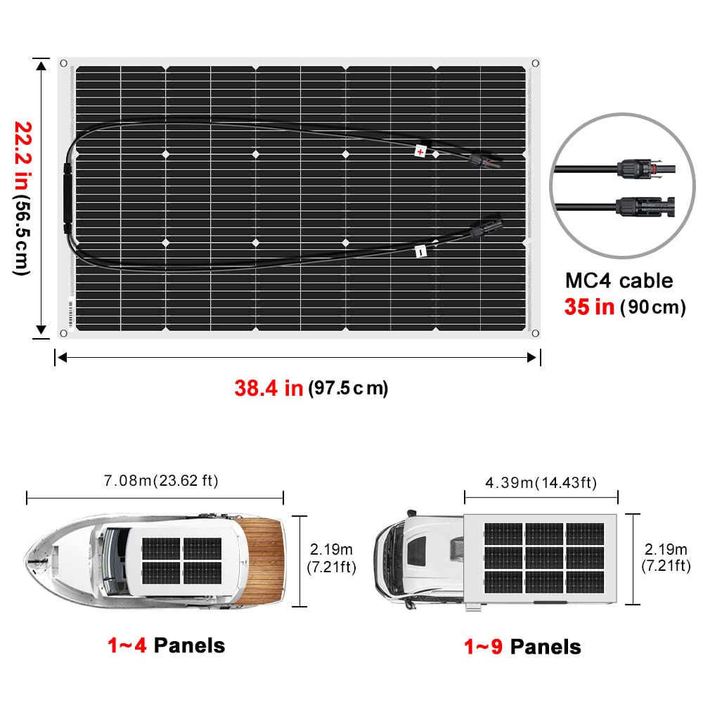 DOKIO Semi-Flexible Solar Panel 100W 12V Bendable Thin Film Monocrystalline Lightweight(4.9lb) for Caravan RV Boat Camper Trailer