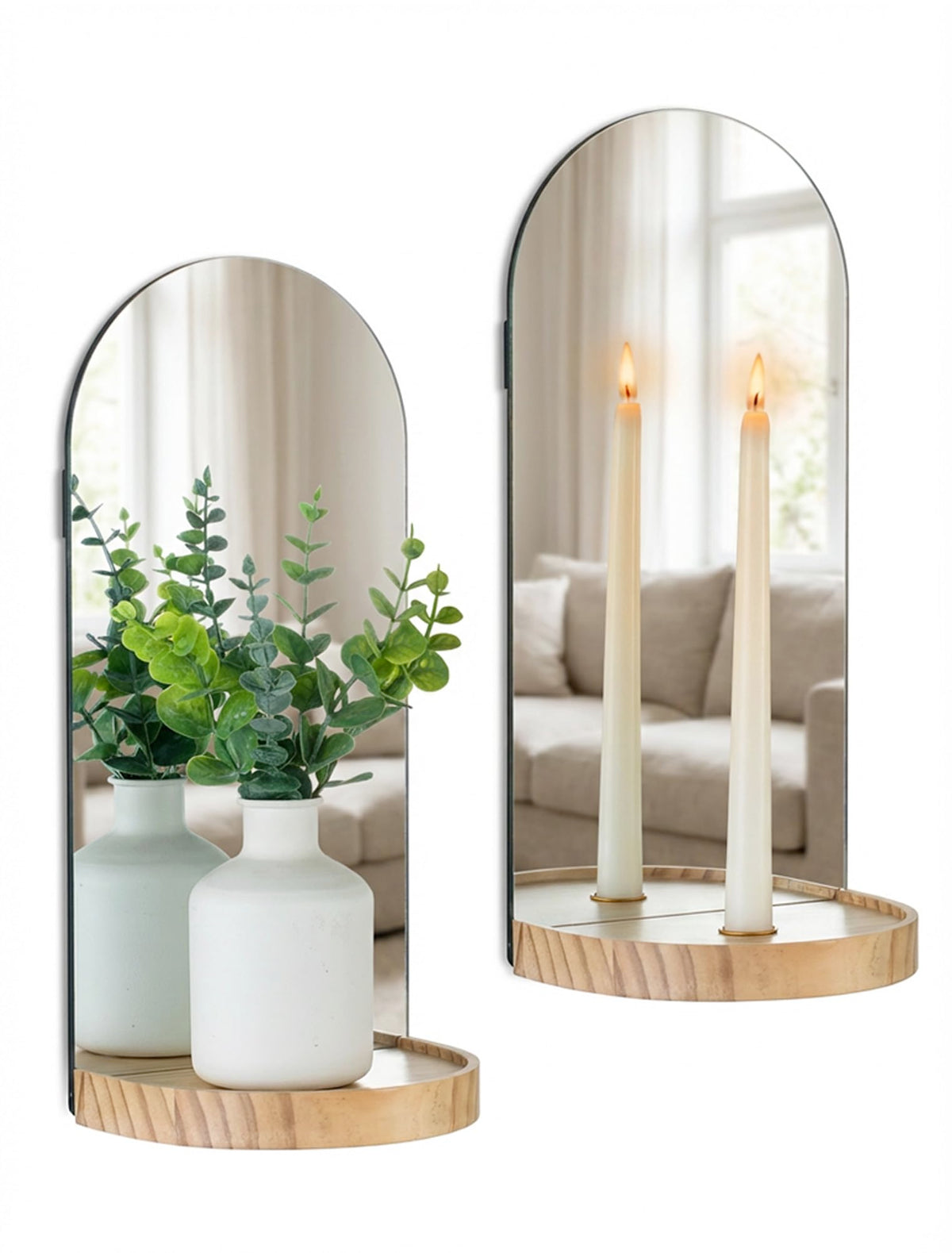 Walasis Wall Candle Holder Set of 2: Arch Mirror Candle Sconces Boho Wall Decor for Livingroom Entryway - Nature Wood Bohemian Candle Sconces Display Shelf with Ledge for Vase Candles