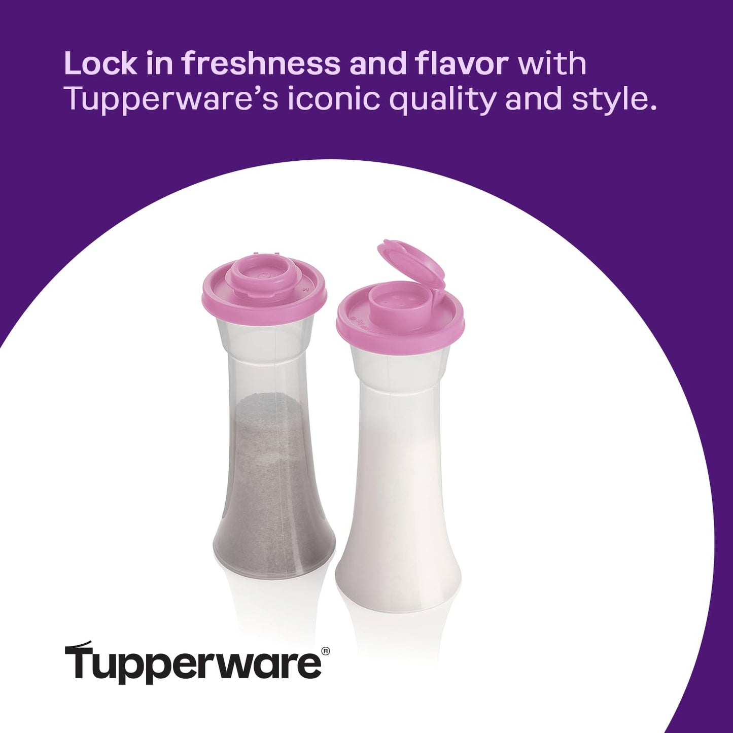 Tupperware Hourglass Salt and Pepper 2-Shaker Set in Purple, Liquid Tight Lids, BPA-Free, Dishwasher Safe