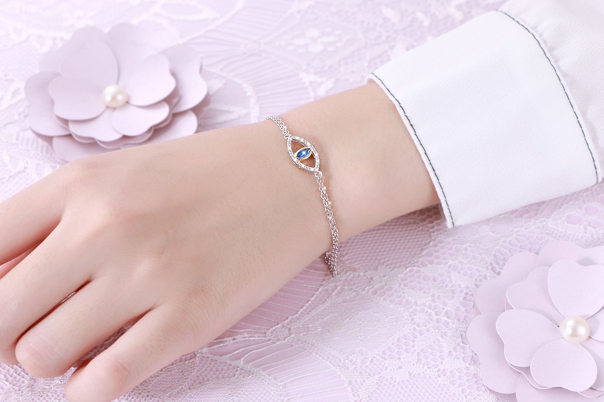 DAOCHONG 925 Sterling Silver Double Strand Cubic Zirconia Evil Eye Bracelet Protection Jewelry For Women (Blue)