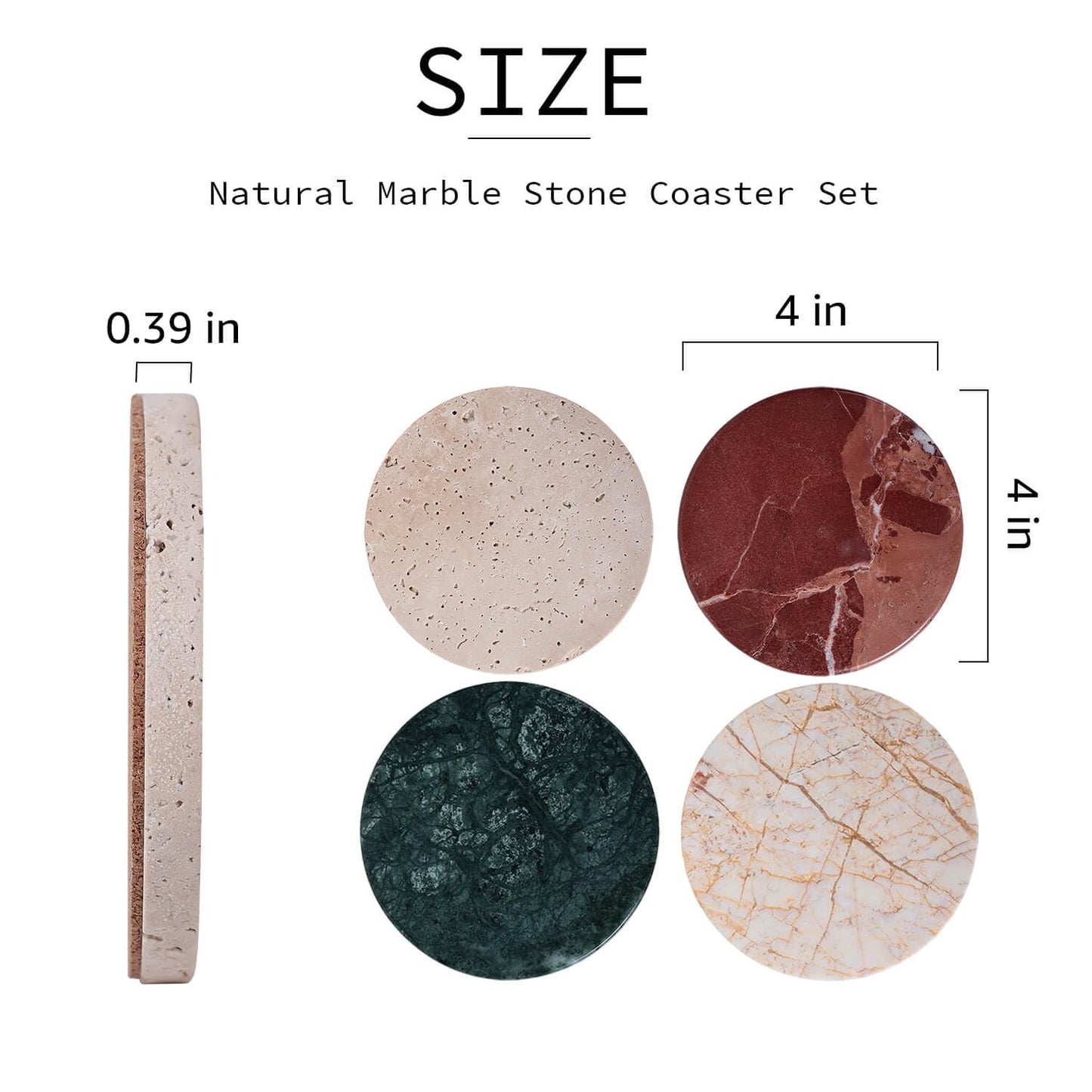 JIMEI Natural Travertine Marble Coaster Set of 4-4 Inch Round Handmade Stone Drink Coasters, Absorbent & Non-Slip Cork Backing