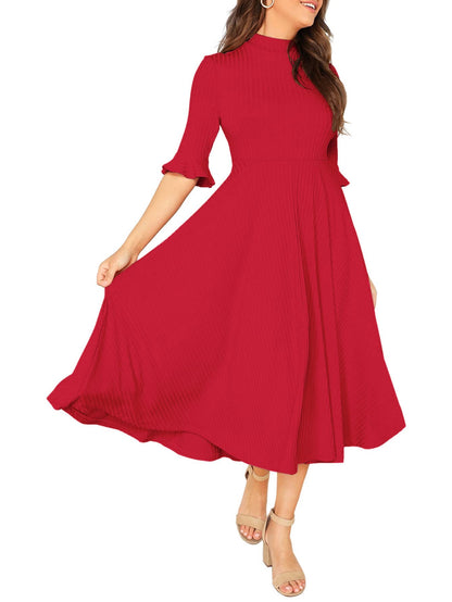 Verdusa Women's Ruffle Half Sleeve A Line Fall Dresses Elegant Fit and Flare Midi Dress Red Solid Small