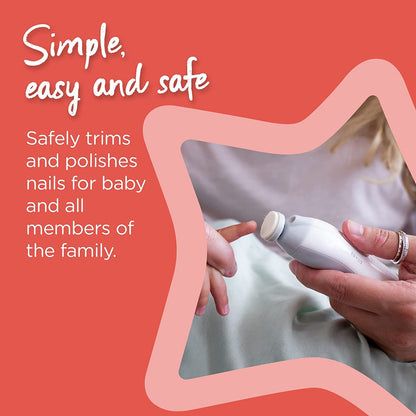 Tommee Tippee Electric Baby Nail File, with Six Filing Heads for Baby and Adult Use, Battery-Powered Infant Nail Clipper with LED Light and Adjustable Speed and Direction Settings