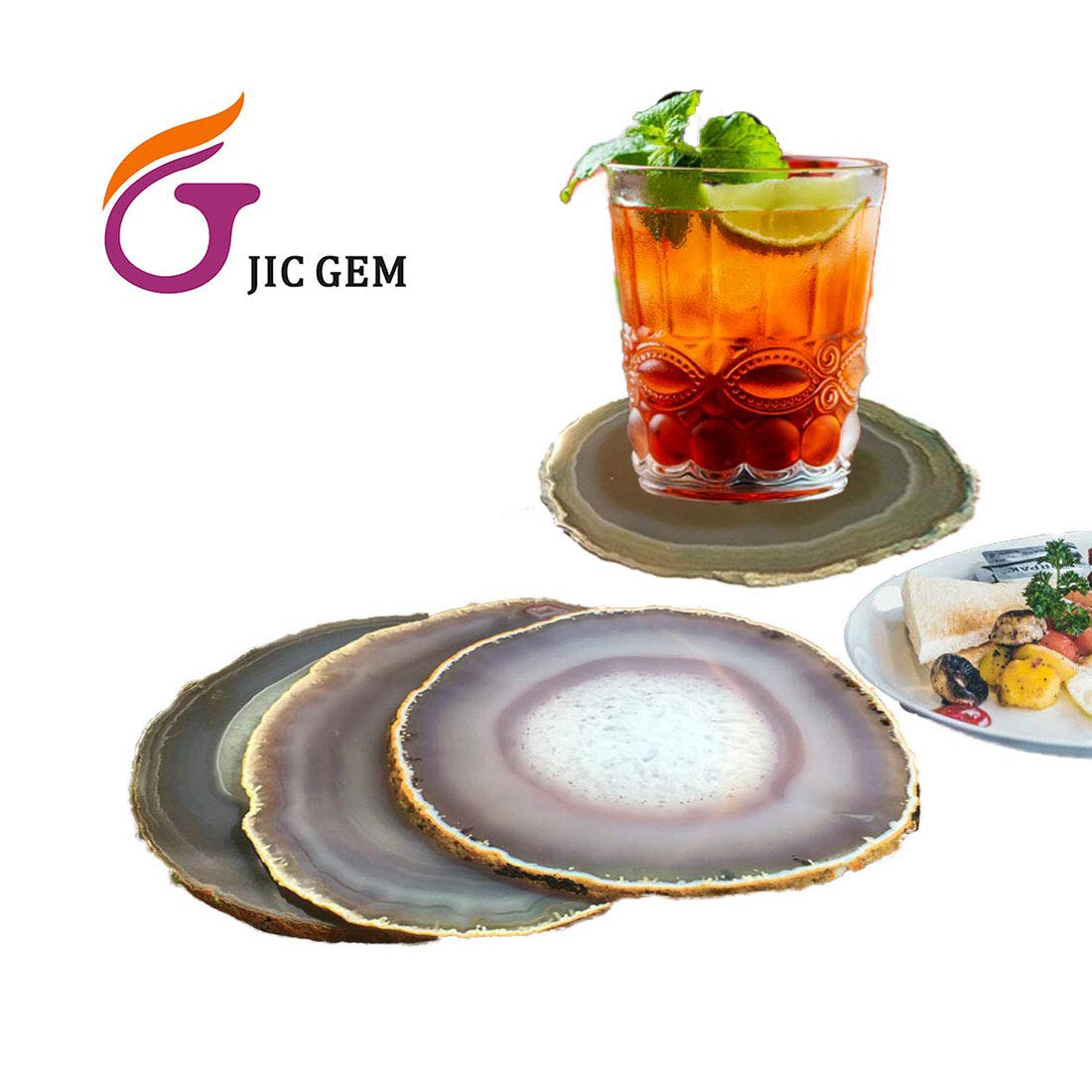 JIC Gem Natural Sliced Agate Coaster with Rubber Bumper Set of 4 (3-3.5", Natural)