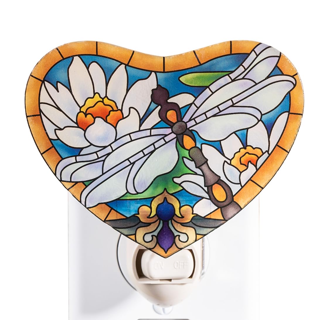 Dragonfly with White Lotus Night Light – Stained Glass Styled Plug-in Wall Light for Vertical Outlets – Real Glass, Warm Glow for Bedroom, Bathroom, Hallway –Gift for Nature Lover