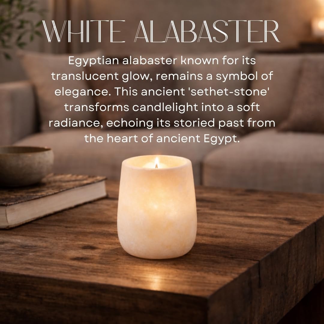 Single White Alabaster Candle Holder - Egyptian Tealight and Votive Candles Holders with Amber Glow for Home Décor - Natural Stone Soothing Tranquil