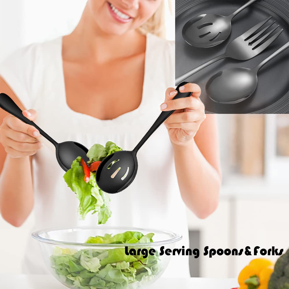 IAXSEE 10 PCS Stainless Steel Serving Utensils, Large Serving Spoons Slotted Spoons, Serving Forks, Serving Tongs, Ice Suger Tongs, Metal Utensils Set Great for Buffet Catering Banquet Party (Black)