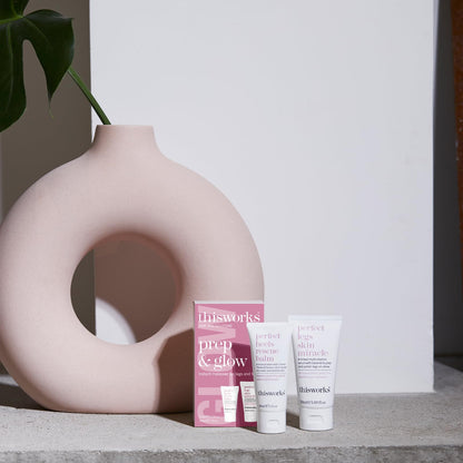 This Works Prep and Glow Gift Set - Travel Size Kit with Perfect Legs Skin Miracle and Perfect Heels Rescue Balm Foot Cream - Nourishing & Hydrating Bodycare Duo