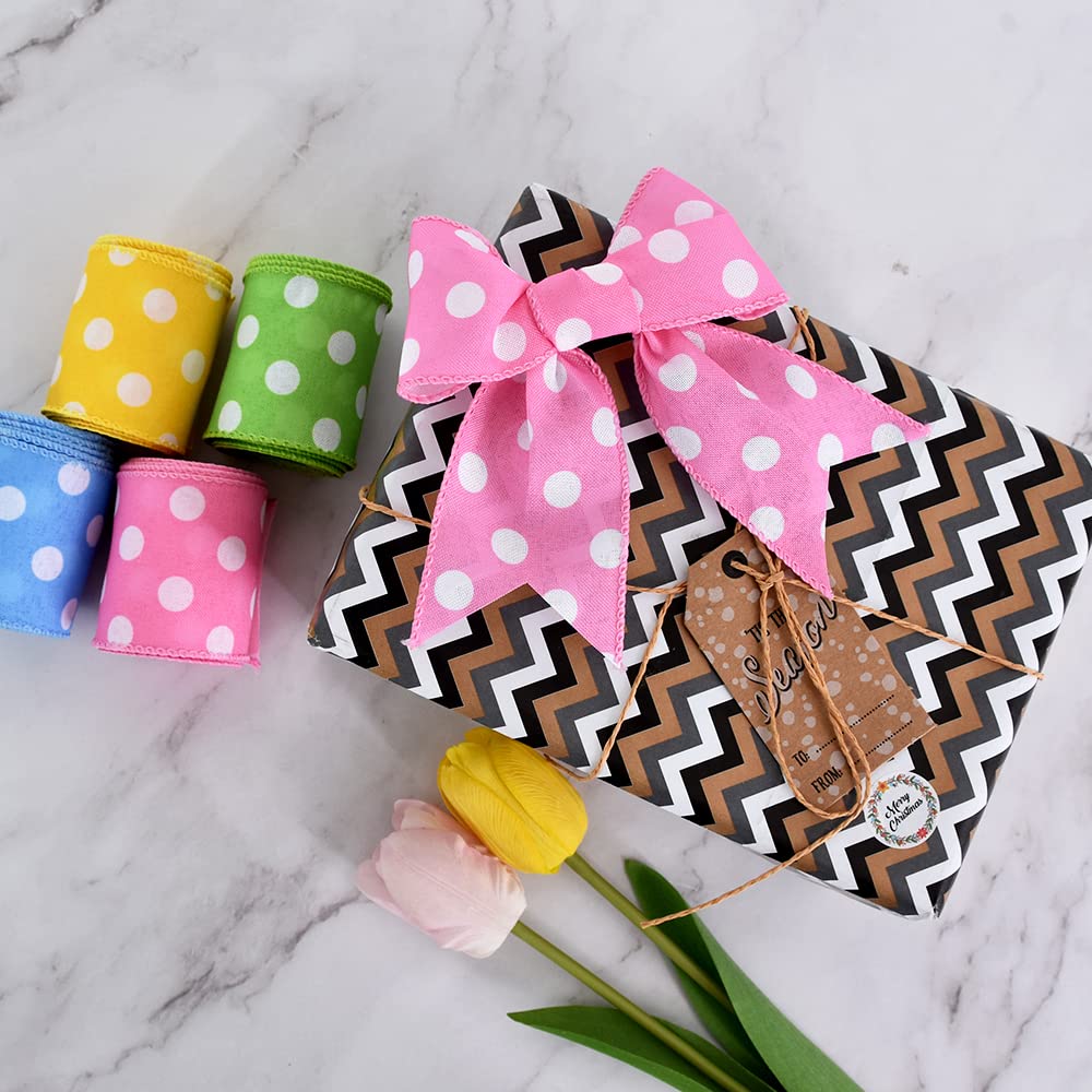 TONIFUL 2.5 Inch Wired Edge Ribbon, Baby Pink Polka Dots Burlap Ribbon, Summer Spring Wired Ribbon, for Gift Wrapping, Wreath Bows Making, Crafts Home Decoration, Easter Decor（Baby Pink，6yds）