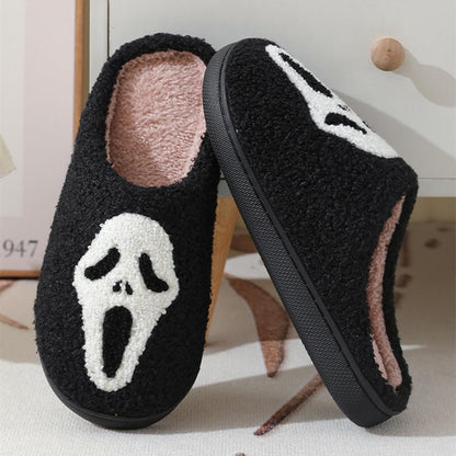 V OPXIN Halloween Slippers for Women Men Pumpkin Spooky Ghost Slippers Cozy Plush Warm Slip-on House Slippers Shoes for Indoor Outdoor Halloween Gifts
