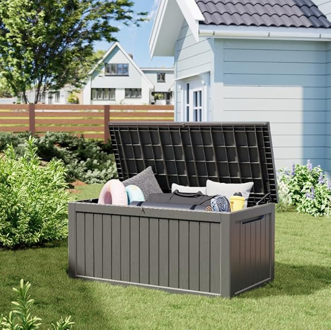 Outdoor Storage Box, Resin Deck Boxes Indoor and outdoor, Waterproof Storage Box Lockable Lid (Grey,270 Gallon)
