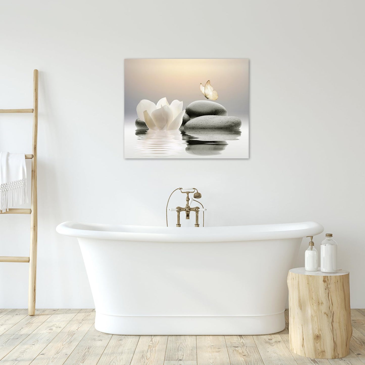 EOBTAIN Zen Stone Canvas Wall Art White Flower and Yellow Butterfly on Lake Wall Art for Bathroom Living Room Bedroom Modern Spiritual Yoga Spa Picture Canvas Wall Decor Zen Art,16x12 Inches