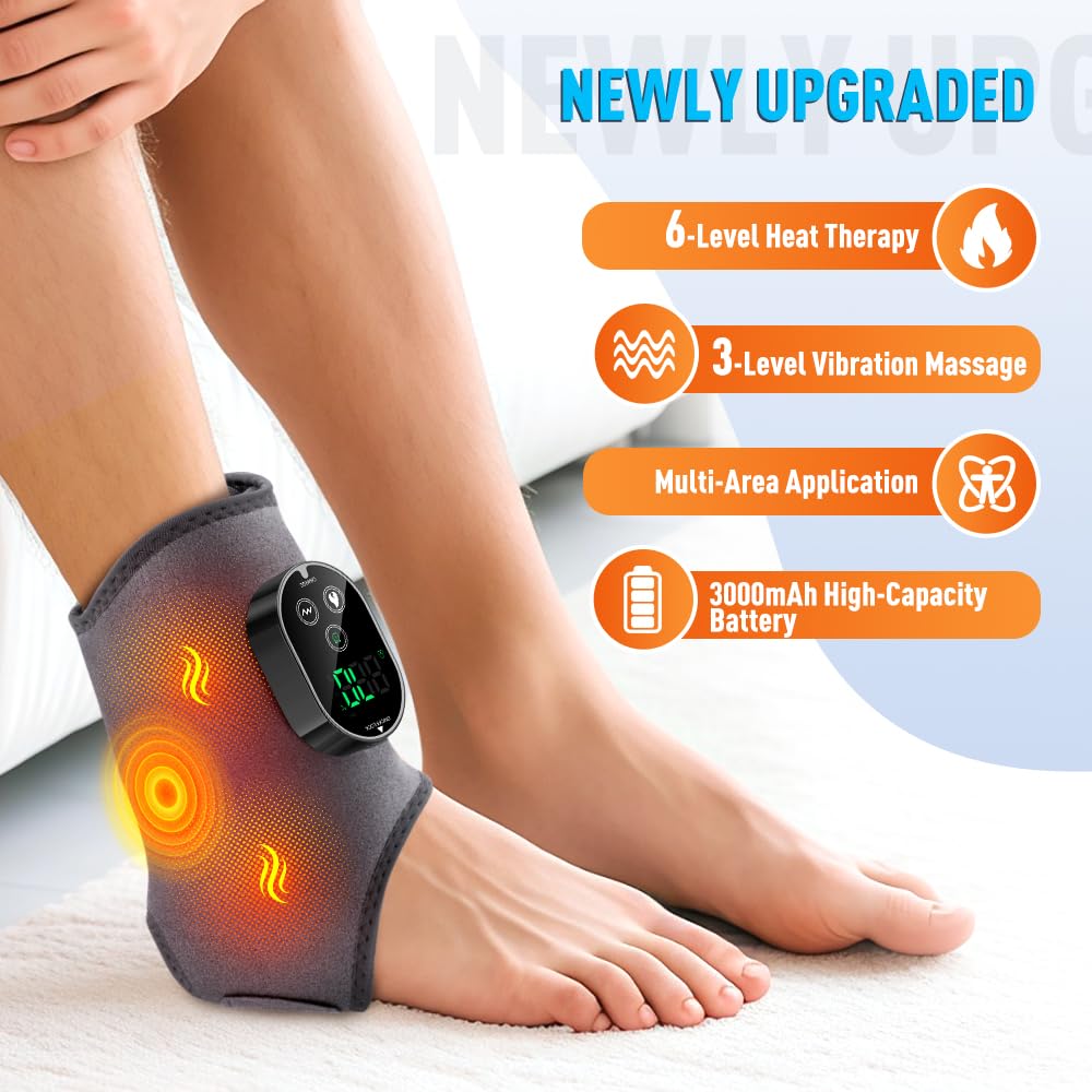 Ankle Massager,3-in-1 Wearable Hot & Vibration Massager for Feet, Ankles, and Arms | Reusable Heating Pad Brace for Home Recovery (Grey)
