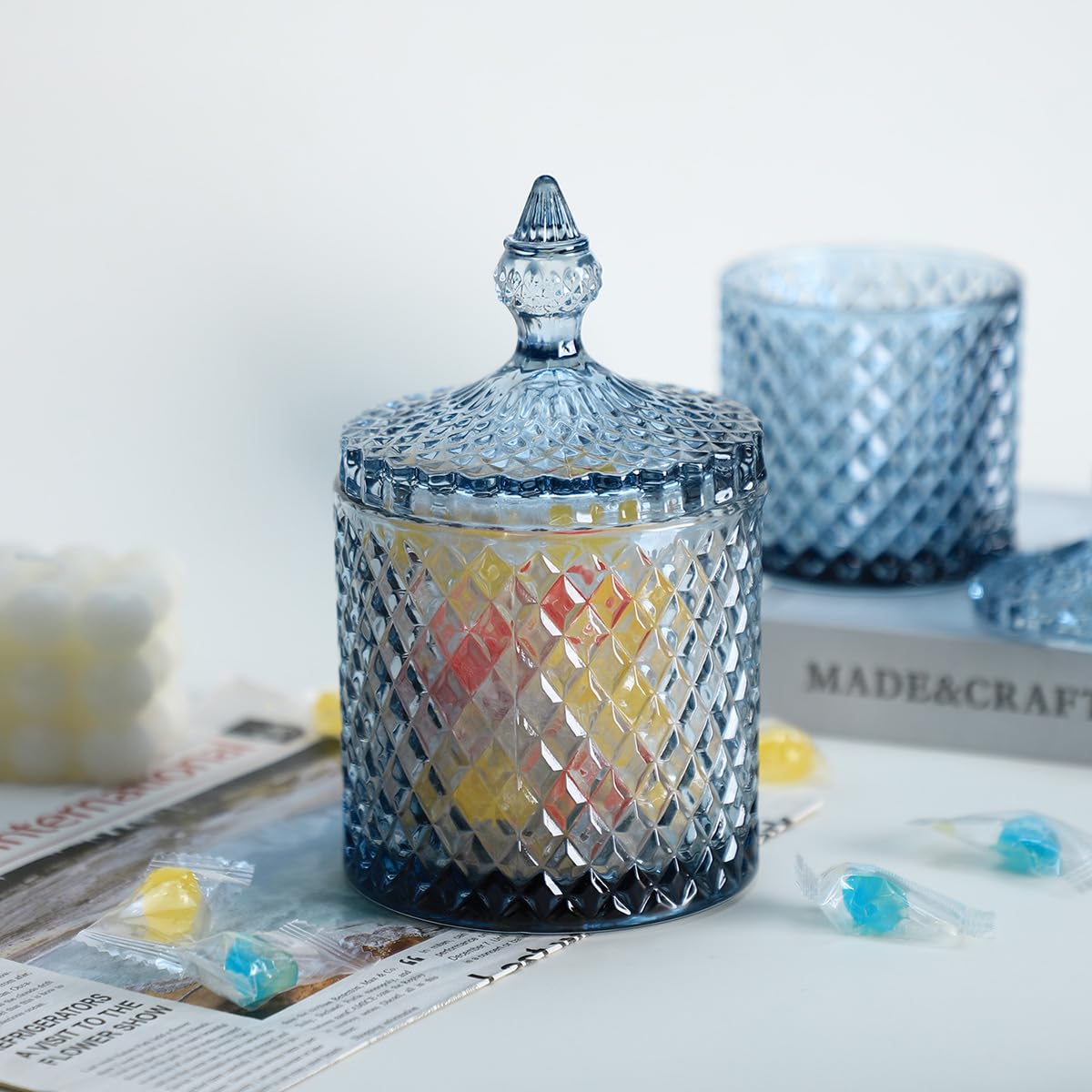 Sizikato Diamond Faceted Crystal Glass Candy Jar with Lid, 18oz Blue Decorative Jar, Nut Jar, Dried Fruit Storage Jar.