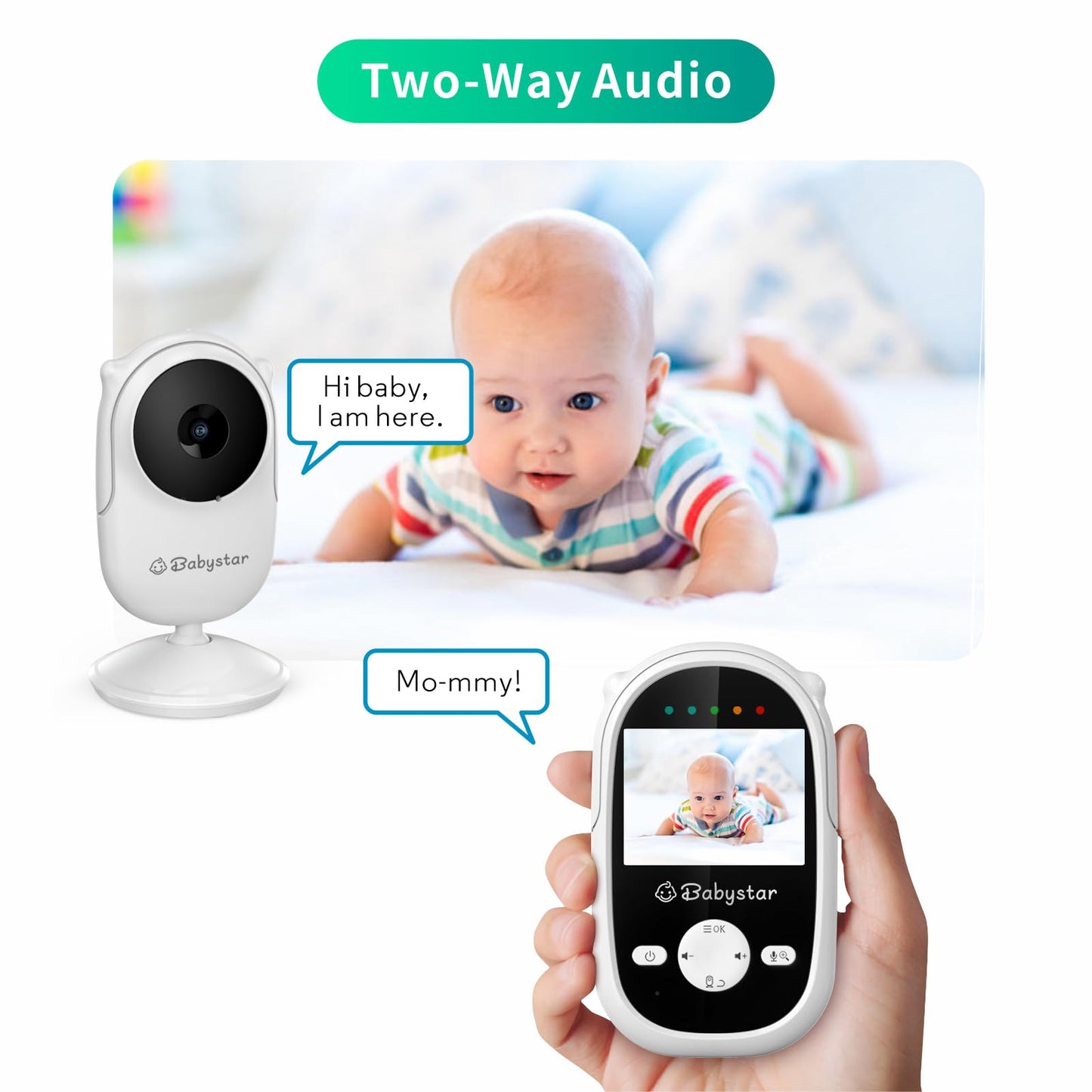 Babystar Baby Monitor with Camera and Night Vision,Wireless Video Baby Monitor with Rechargeable Battery,Two-Way Talk,2.4inch HD Screen,Feeding Reminder,4 Lullabies