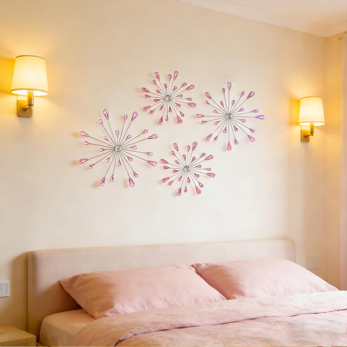 ZEXUIRU 4 Pcs Metal Starburst Art for Wall Decor Living Room Bedroom Dining Room Office - Bling 3D Crystal Rhinestone Sunburst Wall Art -Pink 13in/11.8in/9.8in/9.8in