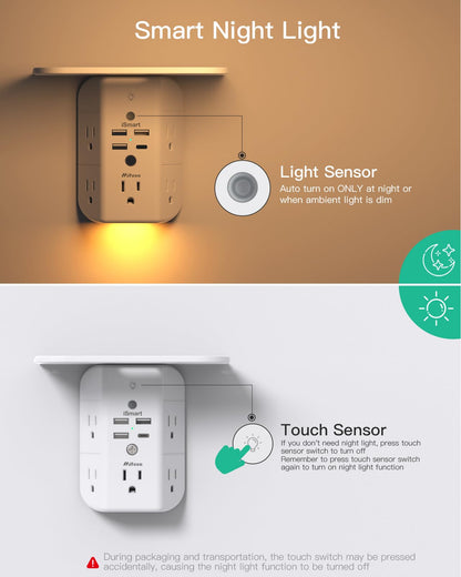 Wall Outlet Extender with Shelf and Night Light,Surge Protector,USB Wall Charger with 5 AC Outlets and 3 USB Ports 1 USB C Outlet Wide Space 3-Sided Power Strip Multi Plug Outlets…