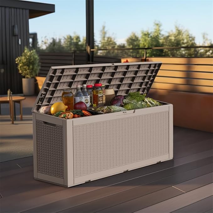 120 Gallon Outdoor Deck Box, Lockable Waterproof Outdoor Storage Boxes For Garden Tools,Indoor Cushions,Accessories Outside Storage Resin Weatherproof Container(Grey)
