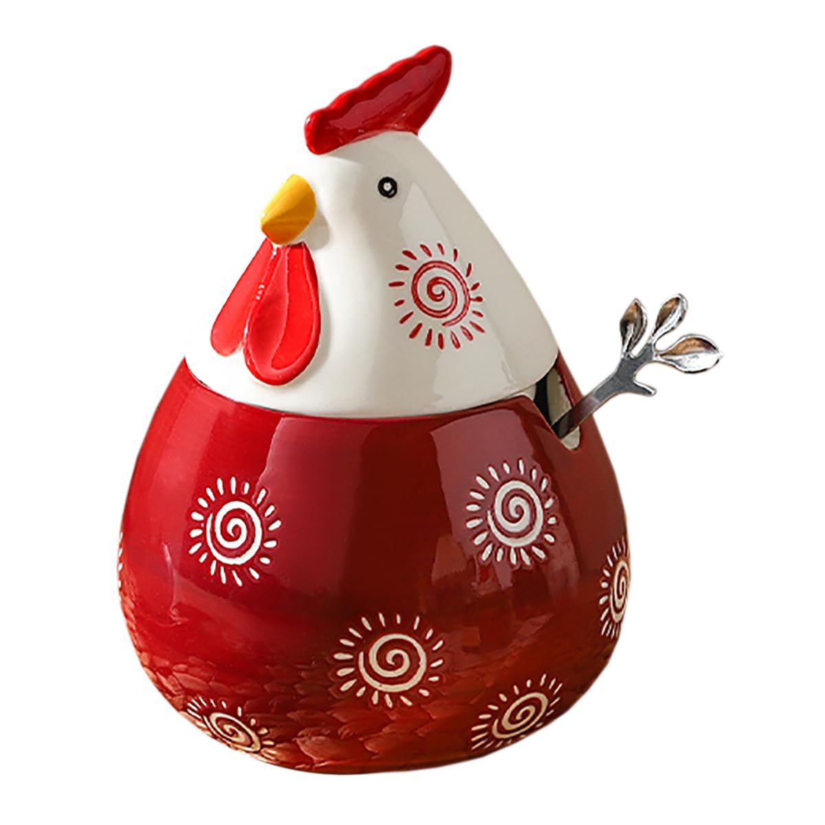 Sizikato Porcelain Condiment Pot with Lid and Spoon, Red Chicken Shape Ceramic Salt Bowl Sugar Bowl for Kitchen