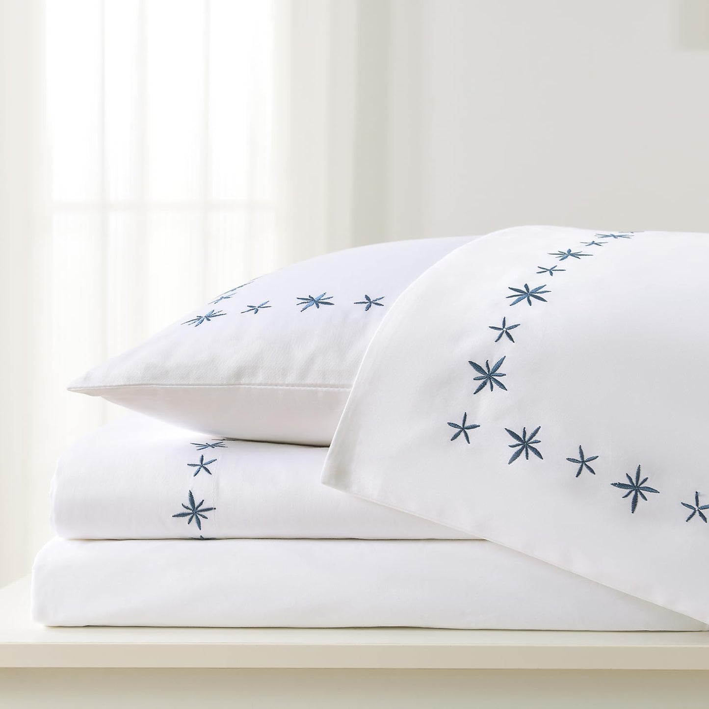 PANDATEX Luxurious 100% Cotton White Embroidered Sheets - 80s Ultra Soft Yarn, High End Hotel Quality Sateen Bedding for King Size Bed with 16'' Deep Pocket, Blue Daisy Design