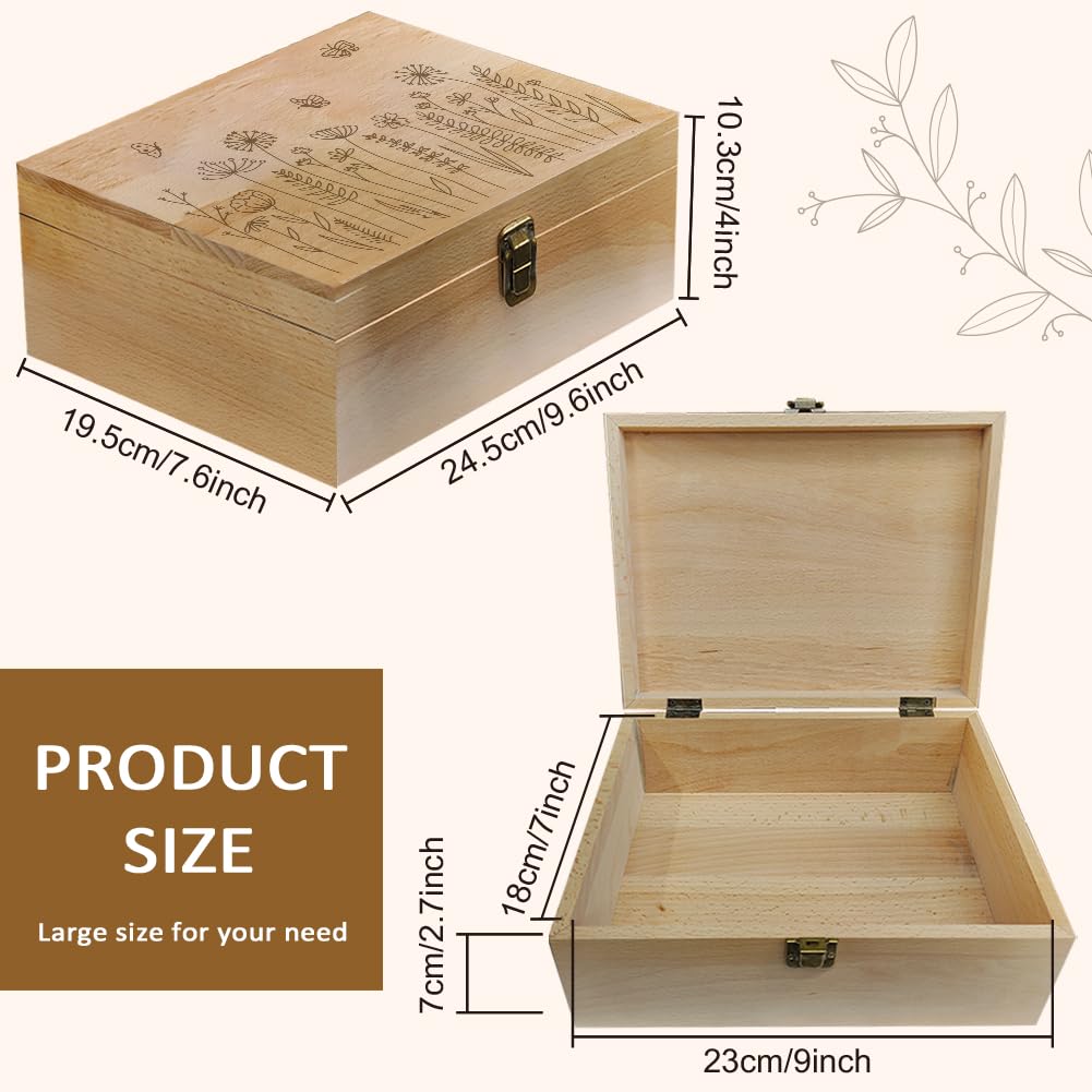 arricraft 1 Pc Wood Memory Keepsake Box, Wildflower Butterfly Bee Memory Box with Hinged Lids Floral Keepsake Chest for Anniversary Birthday Picture Letter Storage 9.6x7.6x4 inch(24.5x19.5x10.3cm)