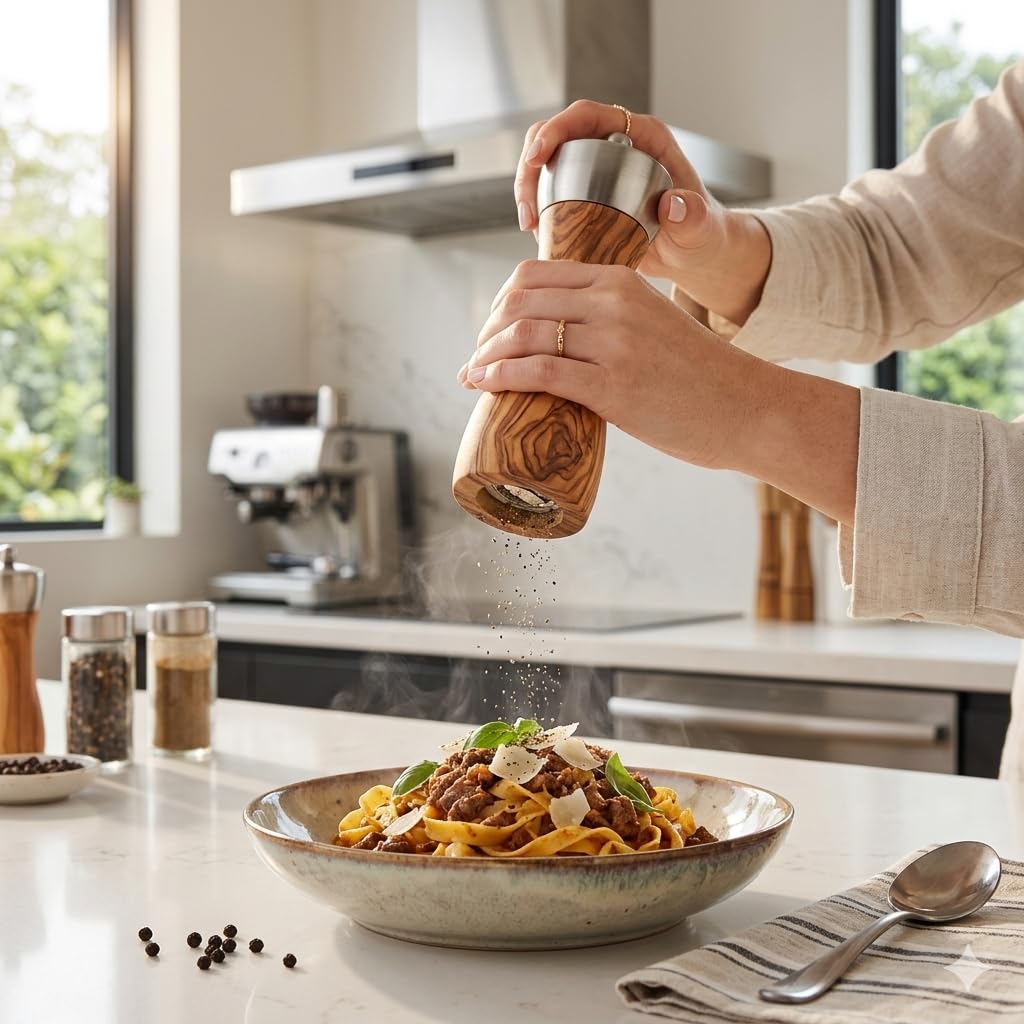 Tephra & Form 6" Olive Wood Pepper Grinder Mill, Adjustable Ceramic Core, Refillable Salt Pepper Shaker Kitchen Gift