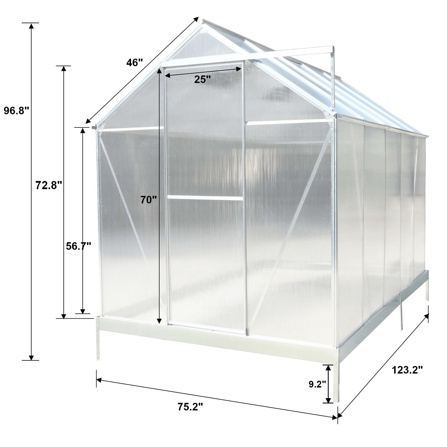 Ball & Cast 10x7 FT Greenhouse,Polycarbonate Heavy Duty Outdoor Aluminum Walk-in Green House Kit with Rain Gutter and Vent,Plant Base w/ Sliding Door,for Backyard Garden,Silver