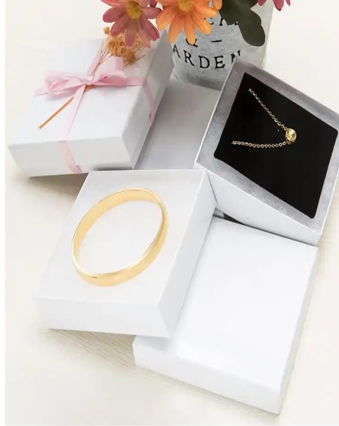 RJ Displays 6 Pack Cotton Filled White Color Paper Cardboard Jewelry Necklace Bracelets Watch Gift and Retail Boxes Size 7 1/8" x 5 1/8" x 1 1/8" Inch (White)