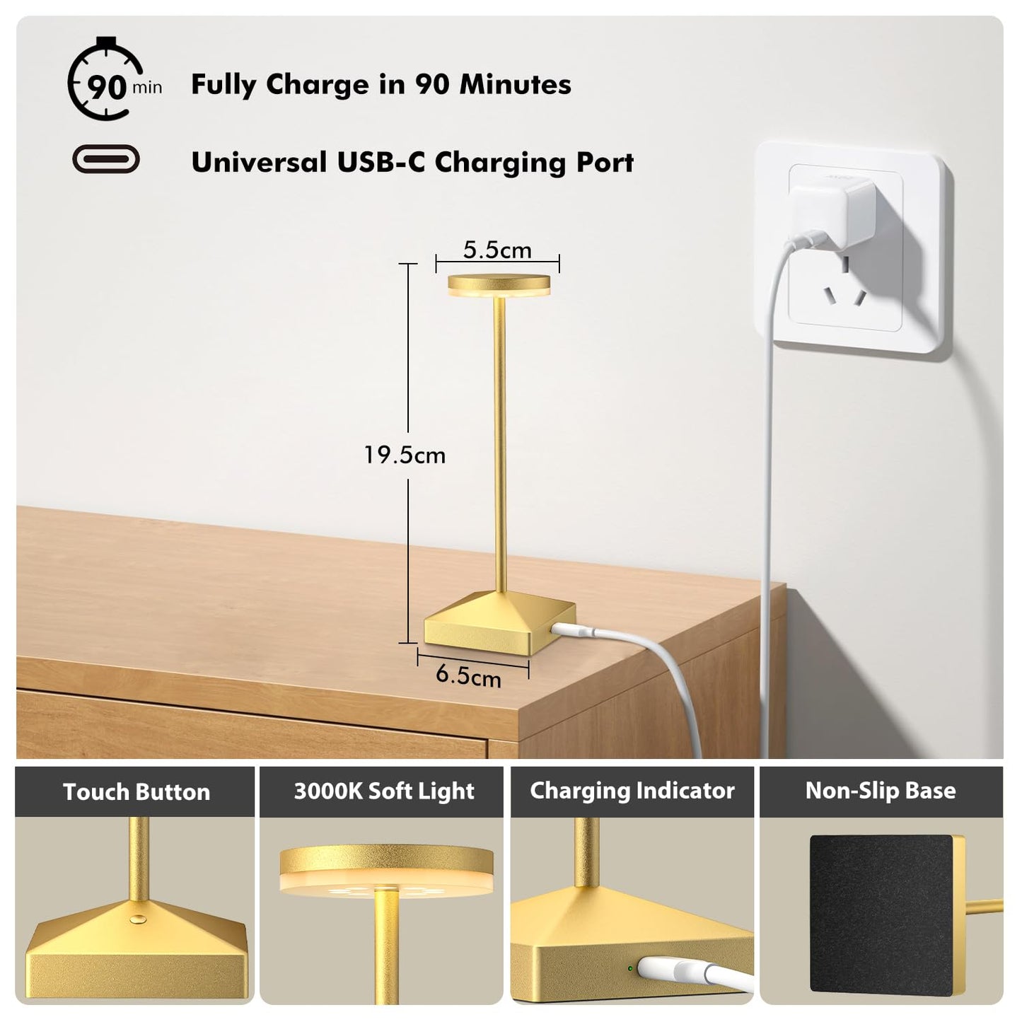 FUNTAPHANTA 3 Pack 7.67in Gold Small Cordless Table Lamps Rechargeable, Battery Operated Mini Lamp, Small Lamp Touch Portable Table Lights, LED Night Light for Bedside/Dining/Bar/Outdoor (Gold-C)