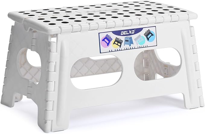 Delxo 9 Inch Folding Step Stool for Kids and Adults,15-Inch Extra Wide Height Large Platform Heavy Duty Stepping Stool More Safe and Comfortable Non Slip Foldable Step Stool White