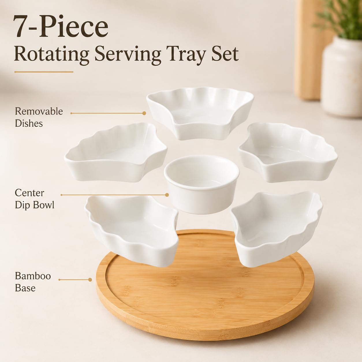 DLIM HOME 7-Piece Divided Serving Tray Set for Party, 12-Inch Rotating Serving Tray for Dining Table with Removable Dividers, Lazy Susan Platter for Charcuterie, Appetizers & Snacks