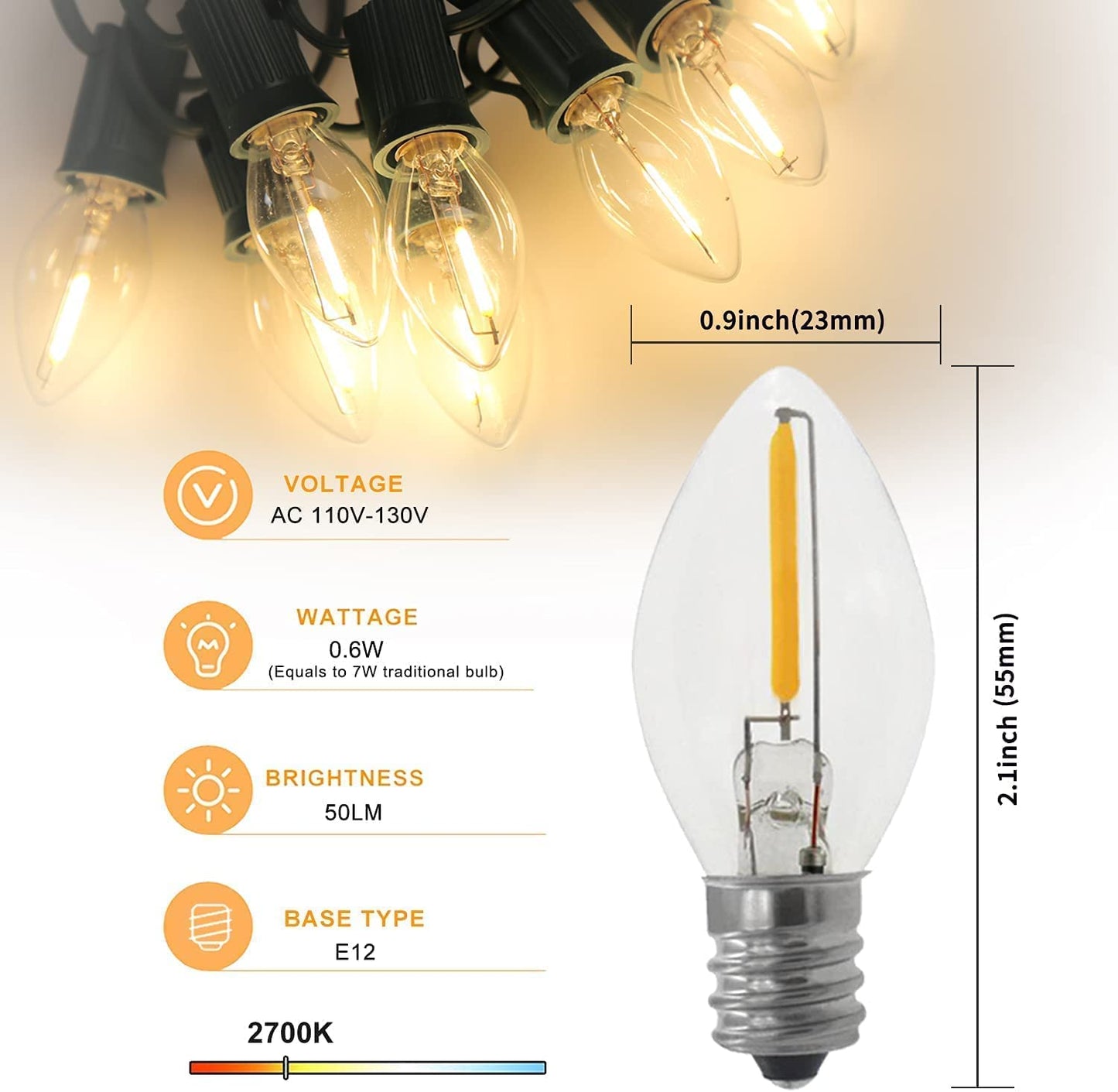 KGC C7 Accessory Cord with 2 C7 Led Light Bulb Candelabra-Base E12 Socket, White Cord with On/Off Switch Plugs for Holiday Decorations, Christmas Village House, Pumpkin Lights