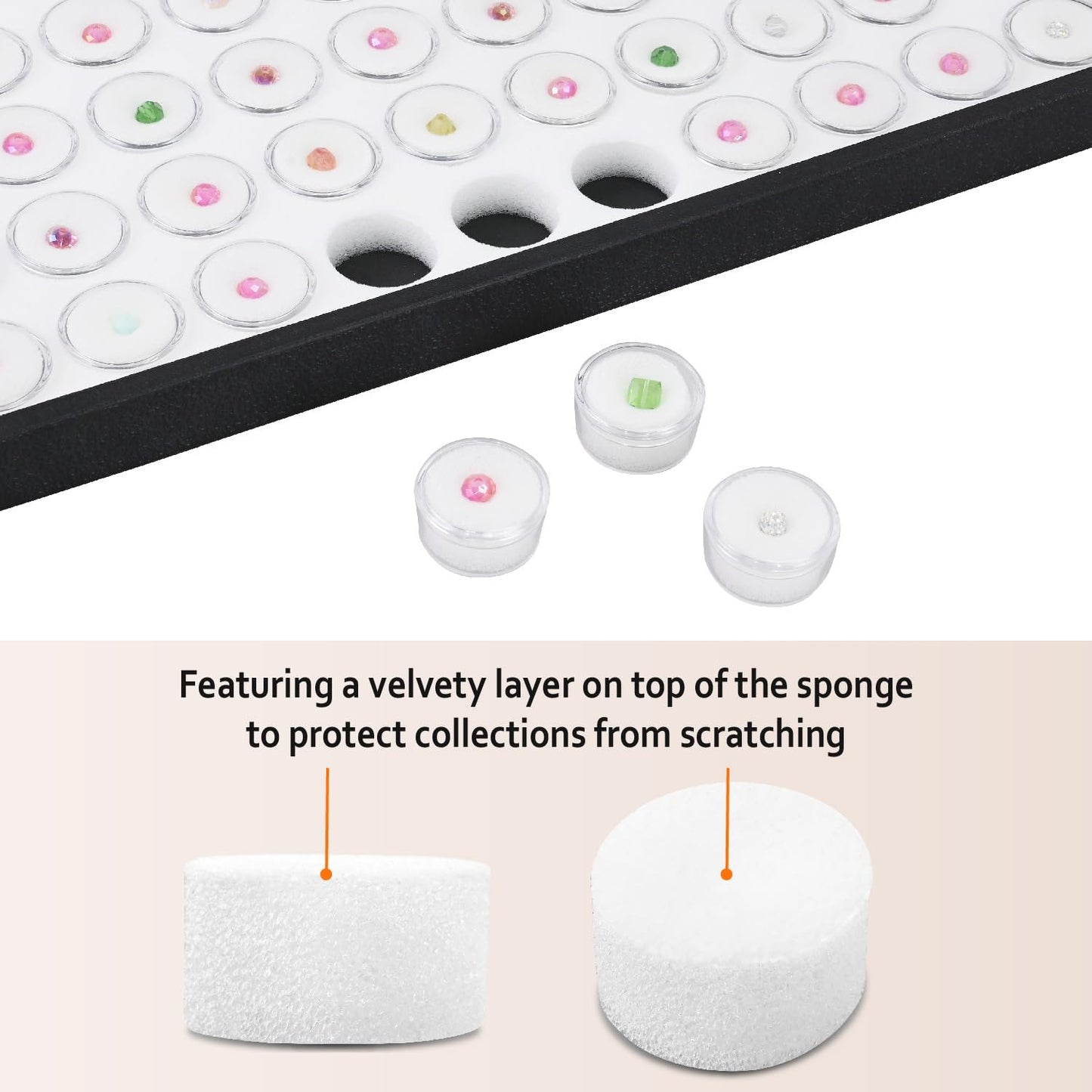 Ikee Design White Foam Gem Jars Showcase Stackable Display Tray for Collectibles, Home Organization Storage Box with 50 Gemstones and Bead Storage Jars, White Foam/Black Tray