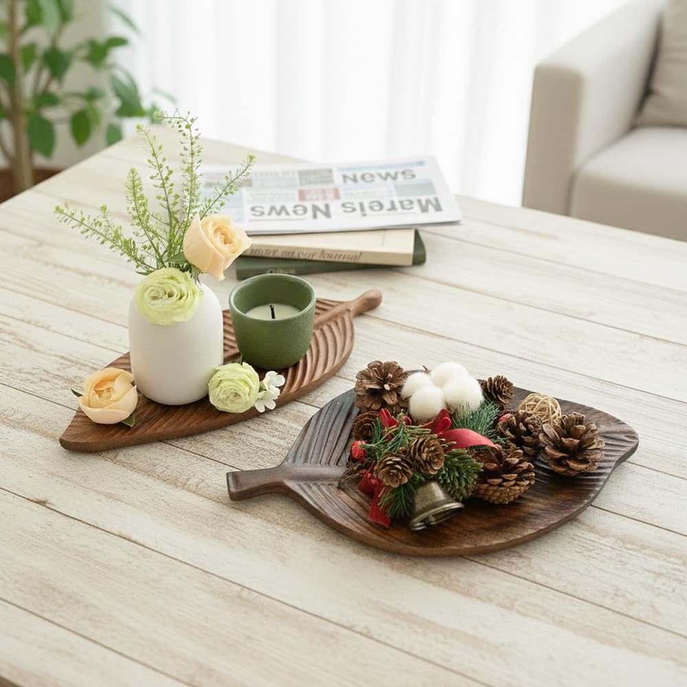 MIGAKU HOME Acacia Wood Leaf Design Serving Tray - Decorative Wooden Platter for Charcuterie, Cheese, Fruit, Kitchen Table Decor