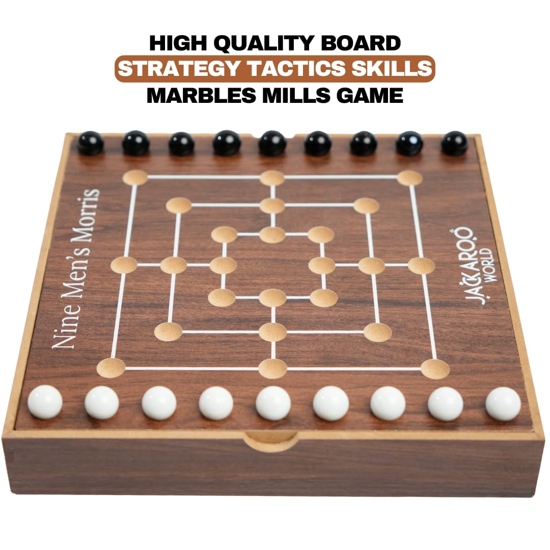 Jackaroo World Nine Mens Morris Board Game, Marble Strategy Game, Solid Wooden Game Set with 18 Marbles, 2 Player Games, Ancient Board Games, 9 Mens Morris Game Mill, Marble Board Game Wooden (Walnut)