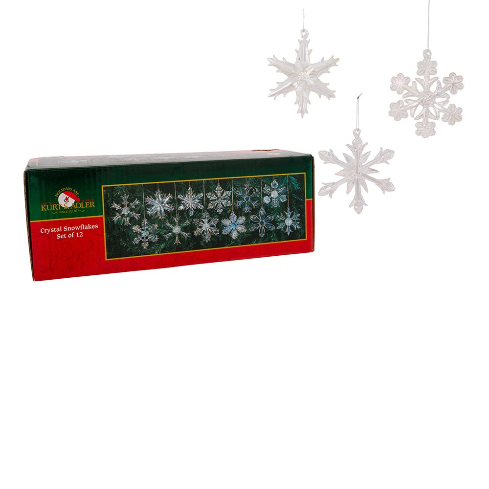 Kurt Adler 2" Glass Iridescent Snowflake Ornaments, 12-Piece Set for Christmas