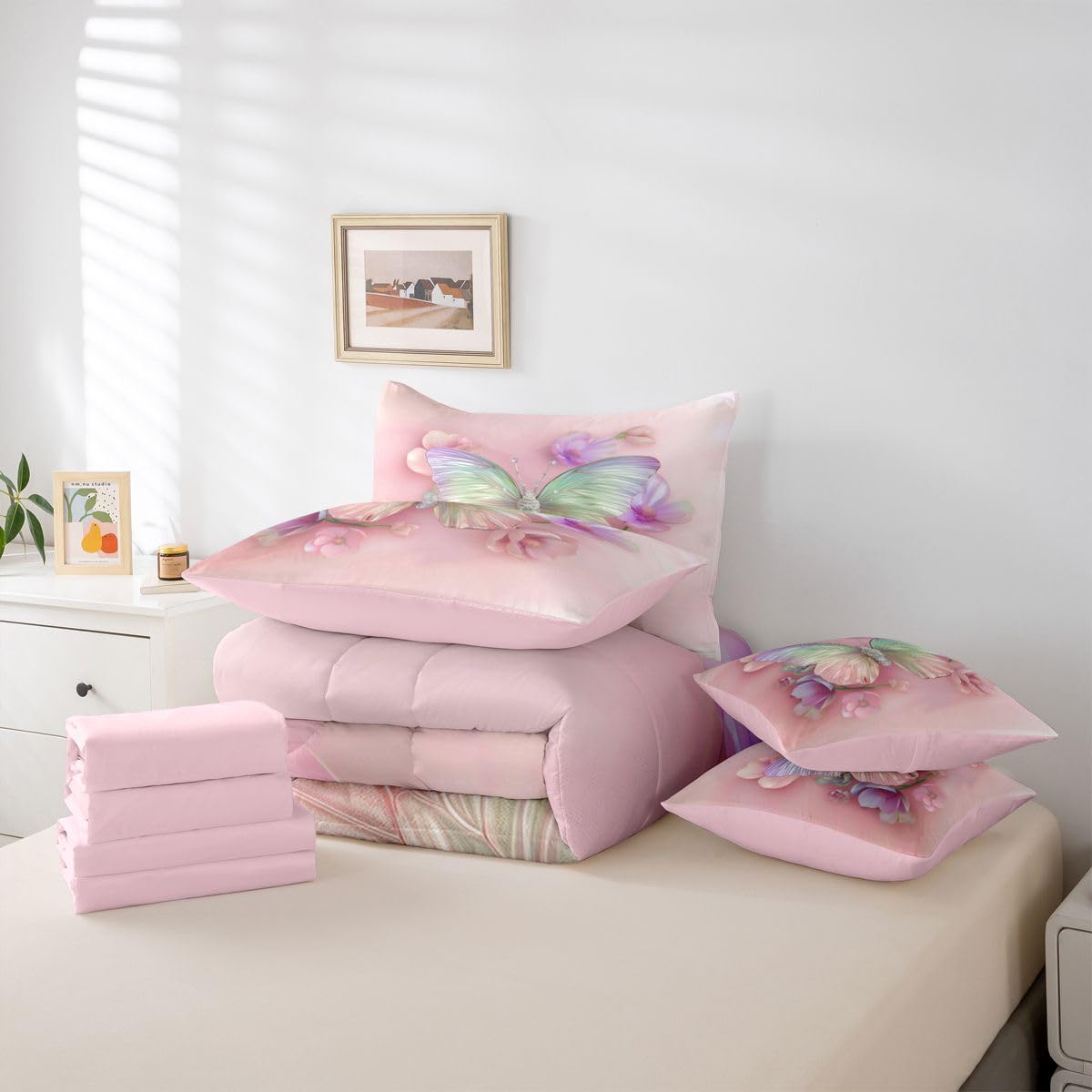 Erosebridal Watercolor Butterfly 7 Piece Bedding Set Twin Dreamy Flower Comforter Set with Sheets Pink Purple Ombre Bed in a Bag Rainbow Colorful Butterflies Bed Sets Comforter