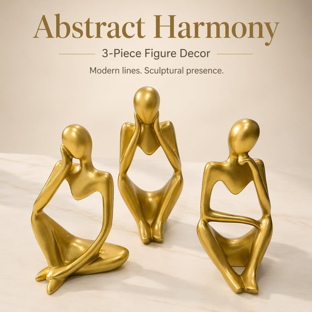 GJFASGF Gold Thinker Statue Set of 3 - Abstract Resin Figurines for Home Decor, Modern Art Sculpture for Office Desk, Bookshelf, Living Room, Minimalist Tabletop Decoration (5 inches)