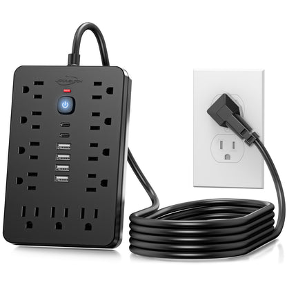 6 FT Flat Plug Surge Protector Power Strip,11 Multiple AC Outlets with 6 USB Ports (2 USB C), 6 Feet Extension Cord, 1250W/10A, One Touch Switch Button, 17 in 1 Compact powerstrip