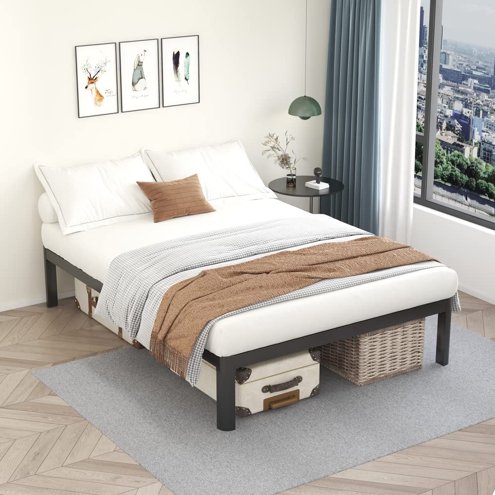 MAF Metal 18 Inch Queen Platform Bed Frame with Anti-Collision Round Legs, Black 3500 Lbs Heavy Duty Bed Frame with Wood Slats, No Box Spring Needed, Easy Assembly