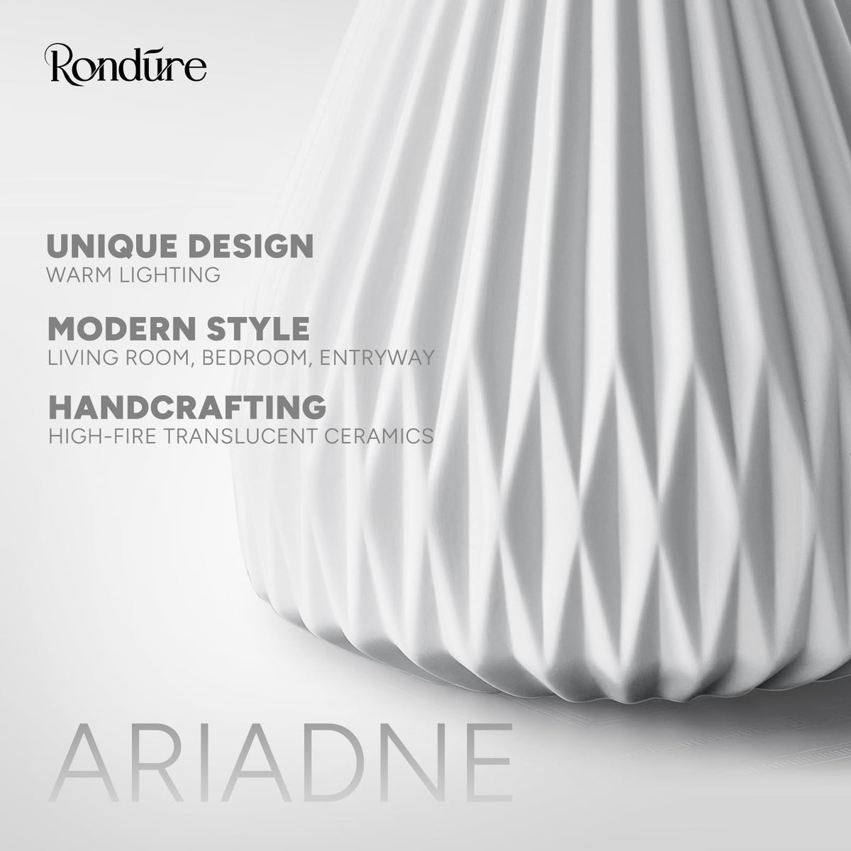 RONDURE 9.1" Modern Ceramic Table Lamp, Fully Dimmable Bedside Lamp for Bedroom Living Room Nightstand, White Translucent Ceramic Shade, Warm Ambient Decorative Corded Lighting, Bulb Included