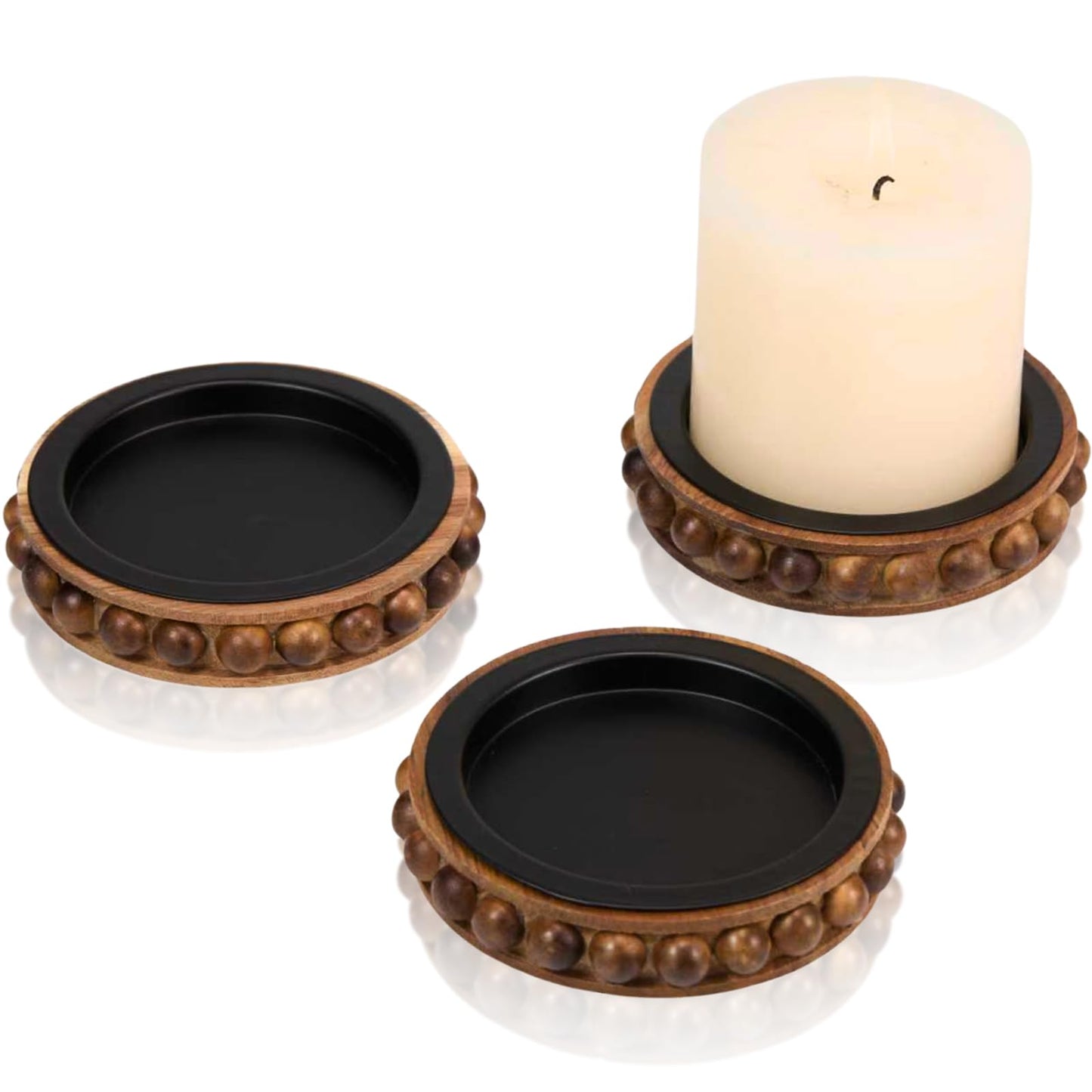 THORNIA Wooden Candle Holders for Pillar Candles, Set of 3 Acacia Wood Beaded Plate with Metal Cup Inserts, 4 Inch Rustic Farmhouse Tray Stand for Fireplace Mantel, Table Centerpiece Decor