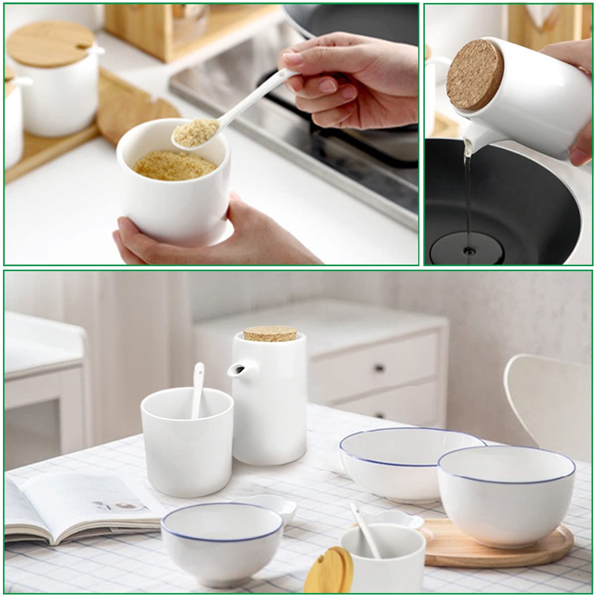 DOERDO 3 in 1 White Ceramics Oil Dispenser Bottle, Sugar Salt Condiment Storage Jar, Liquid Condiment Storage Can with Spoons and Tray for Kitchen Cooking, 250ML