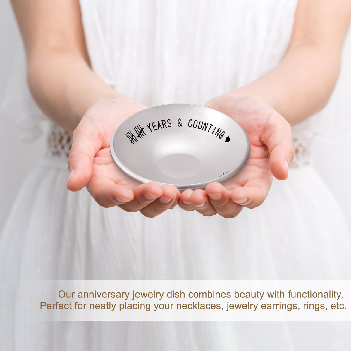 Urllinz 10 Year Anniversary Tin Gifts for Him - 10th Wedding Anniversary Jewelry Tray for Wife Couple Husband Her, Sliver Ring Holder Dish & Card & Gift Box, 4"