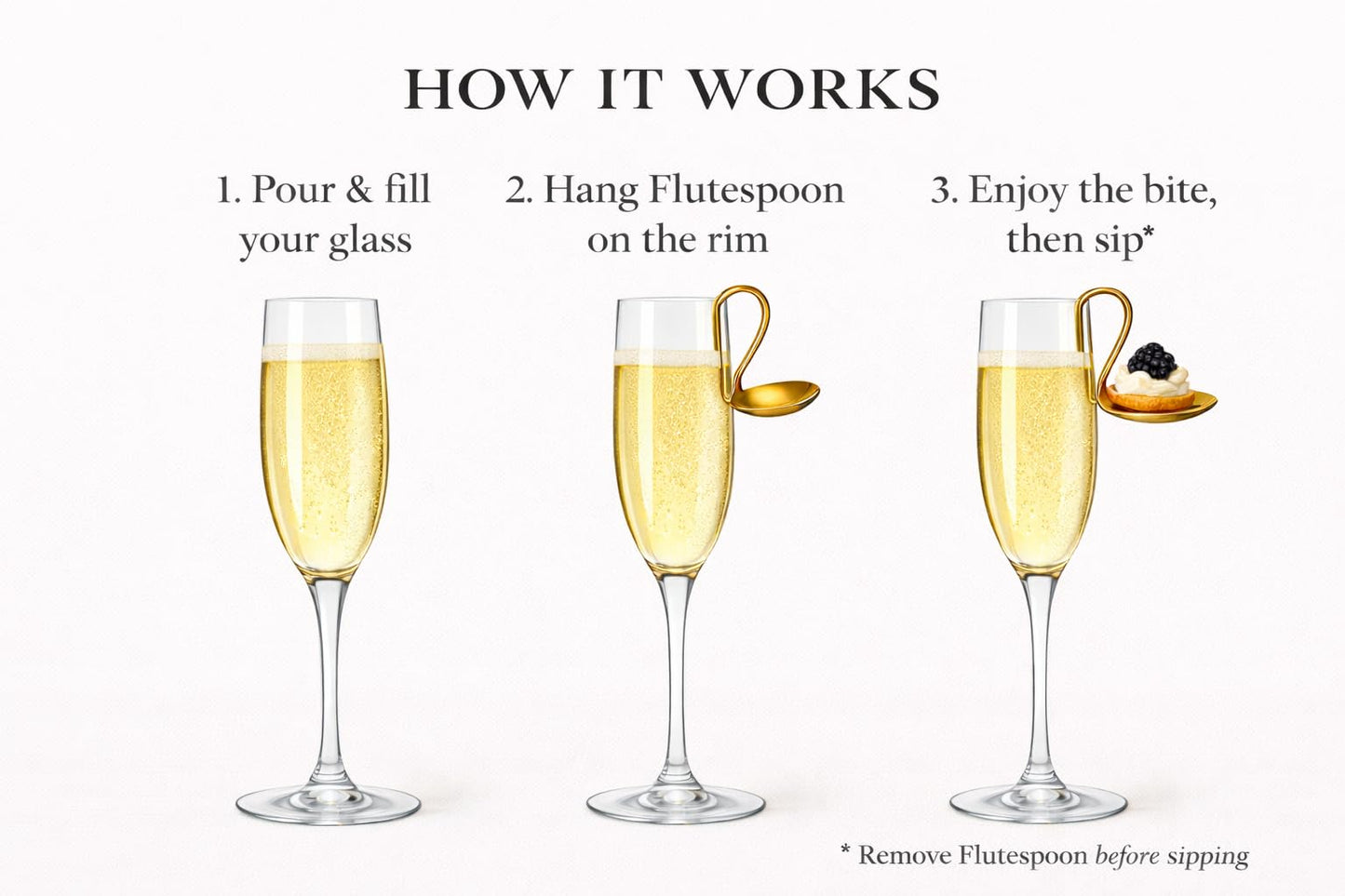 FluteSpoon™ Gold Appetizer Spoon for Champagne, Wine & Cocktails – Rim-Hanging Stainless Steel Serving Spoon – Set of 4