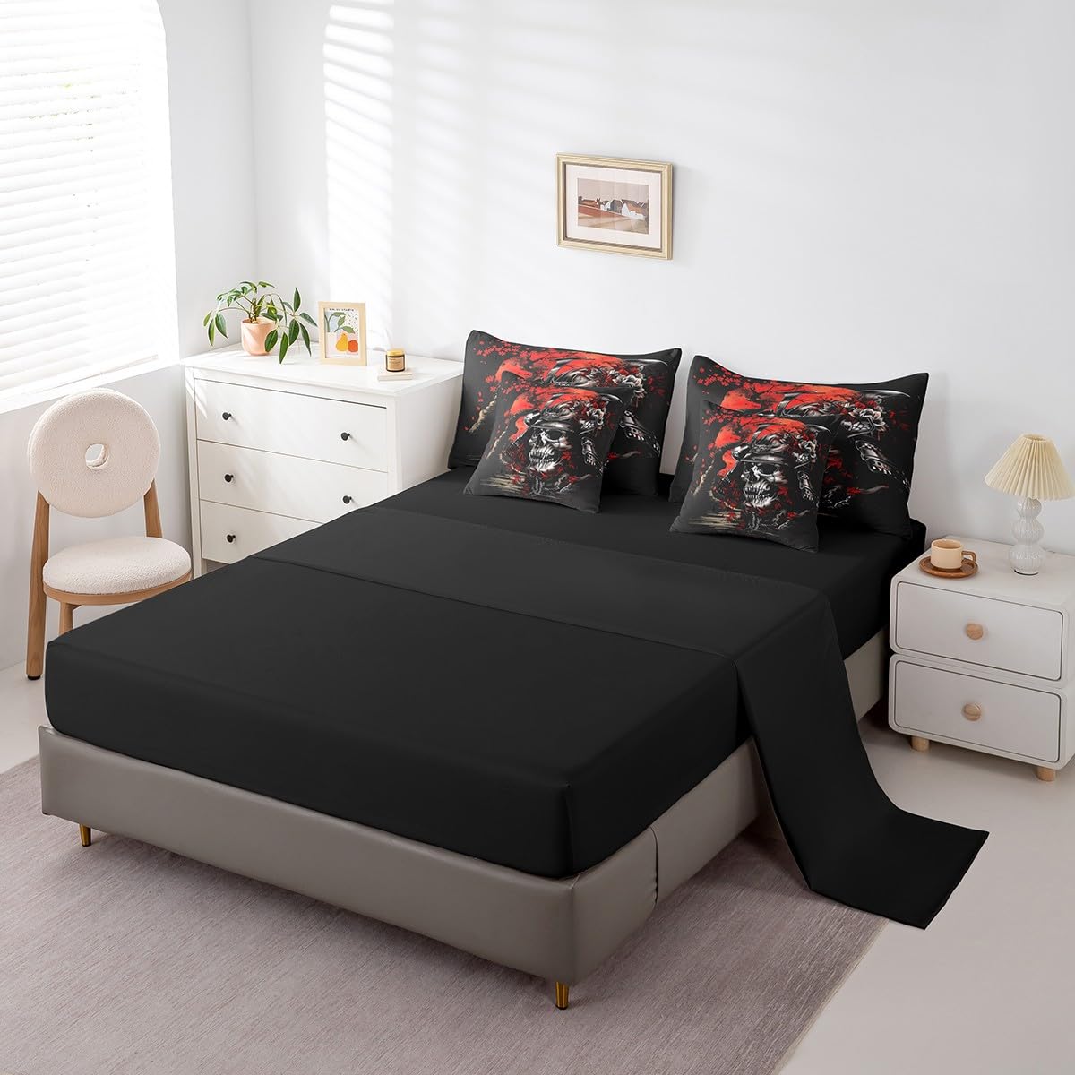 Erosebridal Japanese Samurai Queen Comforter Set 7 Piece,Gothic Skull Bedding Set with Sheets,Cherry Blossom Floral Bed in a Bag for Kids Boys Oriental Bed Set with Fitted+Flat Sheet,Pillowcases