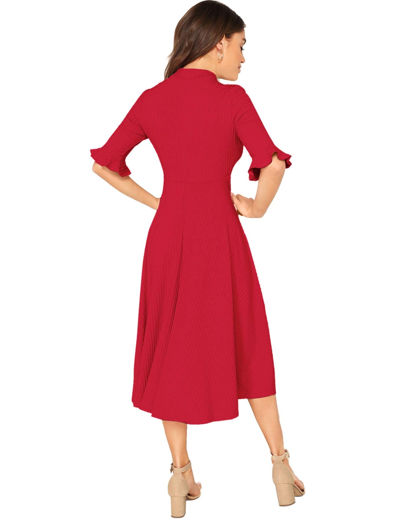 Verdusa Women's Ruffle Half Sleeve A Line Fall Dresses Elegant Fit and Flare Midi Dress Red Solid Small