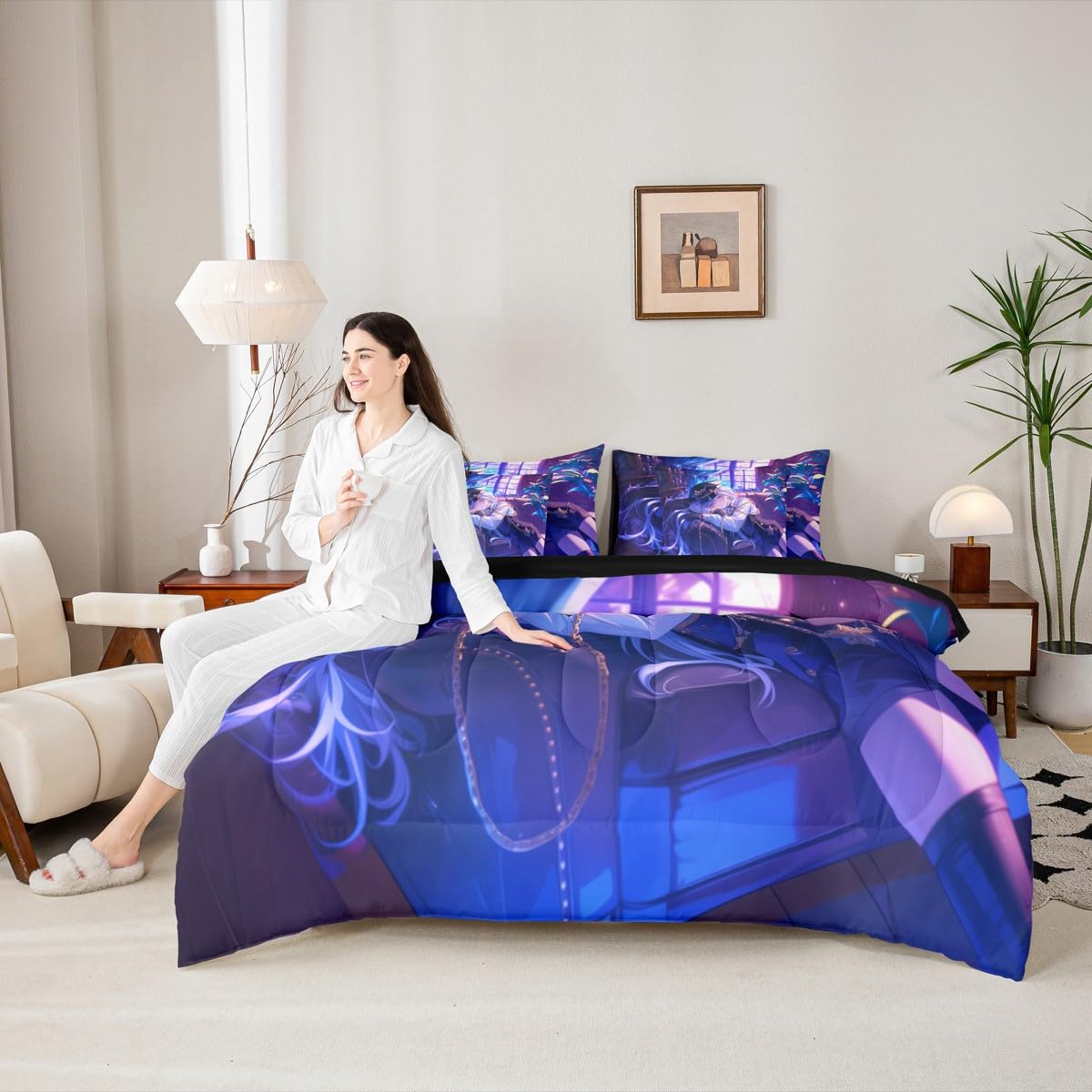 Anime Girl Comforter Set With Sheets Twin Size Japanese Anime 7 Piece Bedding Set For Kids Boys Teens Women Bedroom Decor, Cartoon Girl Bed In A Bag Japanese Animation Kawaii Bed Sets, Purple