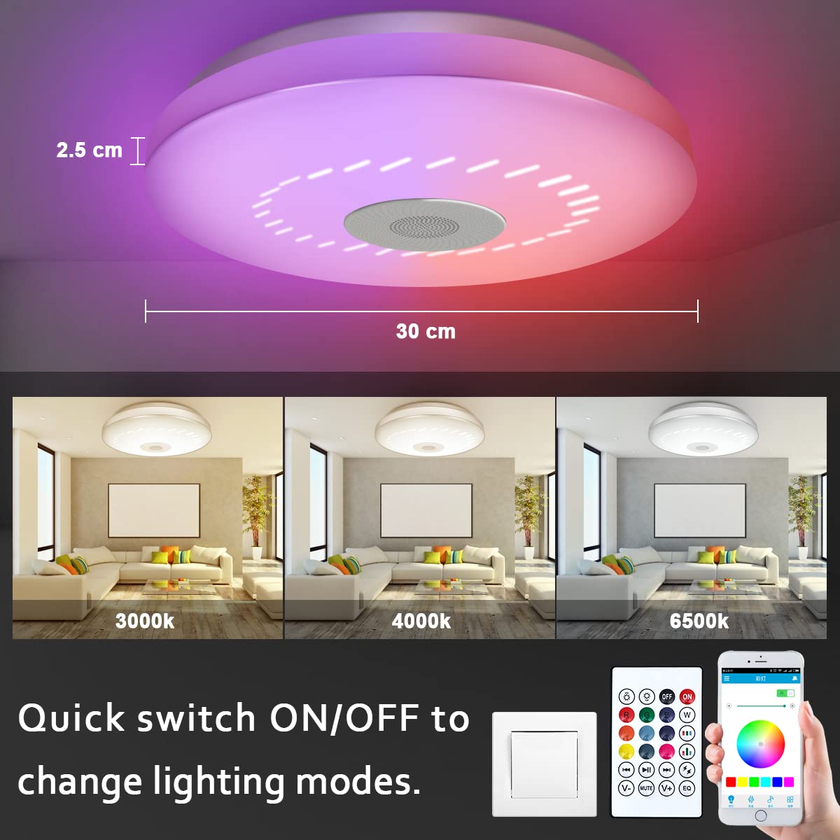 56W RGB LED Ceiling Light with Bluetooth Speaker Ceiling Lamp with remote control Dimmable color changing lamp for family party Christmas cool/warm lighting for Children's Room Living-and Bedroom